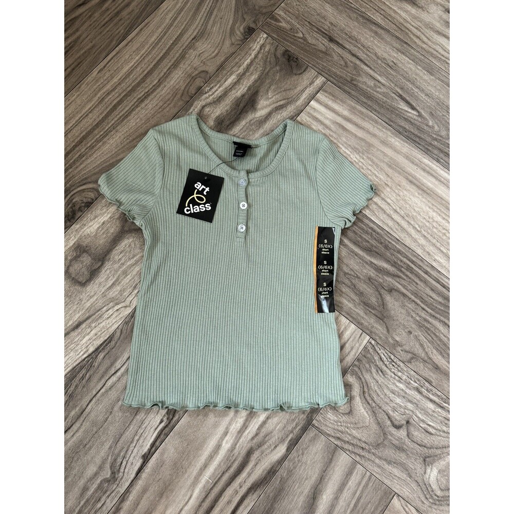 Art Class Girls Size S(6/6X))Short Sleeve Ribbed Henley T-Shirt in Green /LR4XZ2